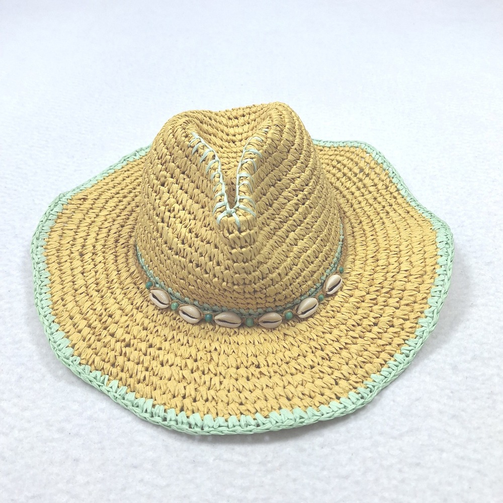 Grace Coastal Cowgirl Hat Womens One Size Tan Mint Green Shell Trim Straw
